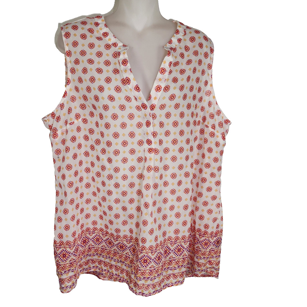 Relativity Womens Tank Top XL Sheer White Tunic Floral Geometric V Neck Light